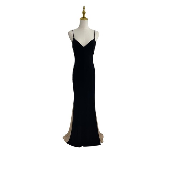 XSCAPE Black Nude Jersey Slip Dress Beaded Illusion Side Panels Size 6 NWT - Picture 1 of 6